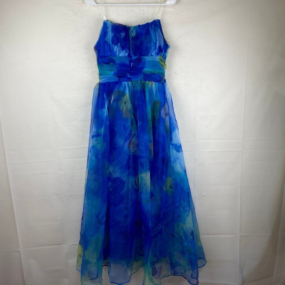 Floral Maxi Dress Women Small? Blue Green Chiffon Floral Fairycore Beachy Whimsy - Picture 5 of 6